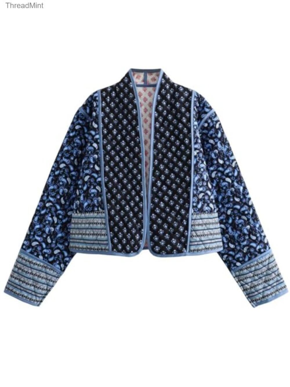 Women's Cropped Quilted Puffer Jacket Floral Long Sleeve Lightweight Open Front